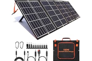 POWOXI 100W Portable Solar Panel for Power Station, IP65 Waterproof Foldable 5V-20V DC Output, with Adjustable Kickstand, Solar Charger with USB Outputs for Phone Outdoor Camping RV