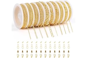 Euakee 10 Rotoli Catena per Creazione Gioielli Oro, 24m Catena Collana Fai da Te, Catena in Metallo con 200 Anelli per Saltare e 30 moschettone, Catena per la creazione di Gioielli