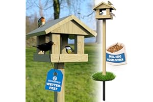 SCHWANFELD Vogelhaus mit Ständer wetterfest [FÜR ALLE VOGELARTEN] - inkl. 500g Vogelfutter - Vogelfutterhaus mit Ständer wetterfest & langlebig - sicheres Futterhaus für Vögel 1,2m hoch (kippsicher)
