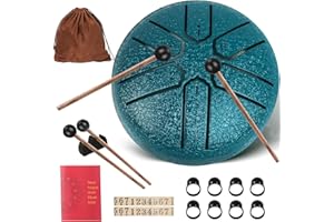 Taechalingo Tambour à langue de 7,6 cm - 6 tons - Petit tambour en acier - Avec tambour de langue - Livre de chansons, baguettes de batterie et sac en tissu - Méditation - Yoga - Guérison sonore