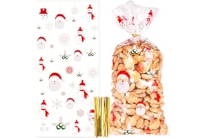 KIIWAH 100pcs Sacs de Biscuits Bonbons de Noël, Sachets de Transparent en Plastique Cadeau Noel avec 200pcs Cravates Torsadées pour Fête de Noël