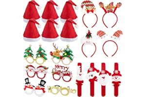 FLOFIA 20 Pcs Weihnachten Kostüm Zubehör 6x Weihnachten Brille Rahmen Lustige Weihnachtsbrillen + 6x Weihnachtsmütze + 4x Schnapp Armband + 4x Stirnbänder für Xmas Party Fotorequisiten