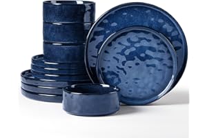 Herogo 12 Piece Dinner Set, Stoneware Dinnerware Sets for 4 People, Reactive Glaze Dining Plates and Bowls, Microwave and Dishwasher Safe, Chip and Scratch Resistant, Nebulas Blue