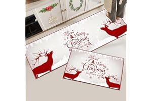 Hoimlm Christmas Kitchen Rugs Set of 2, Non-Slip Kitchen Mats Doormat, Absorb Water and Oil, Santa Claus snowman Kitchen Runner set, Christmas for Gifts (40 x 120 cm + 40 x 60 cm, Christmas White)