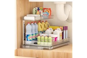 Accwork Under Sink Storage, 2 Tier Under Sink Kitchen Organiser with Pull-Out Bottom Basket, Cupboard Organiser for Bathroom Kitchen Storage & Organisation, White
