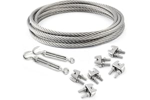 DQ-PP CONJUNTO 5m cable 6mm acero inoxidable cordaje hebra: 7x19 + 6 abrazaderas + 2 tensores ojetes/gancho M6