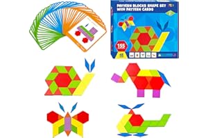 SPRITEGRU Set di 155 blocchi di legno a motivi, 24 schede di progettazione a doppia faccia (48 motivi) per puzzle di forme geometriche, divertenti giocattoli di apprendimento Montessori Tangram per bambini