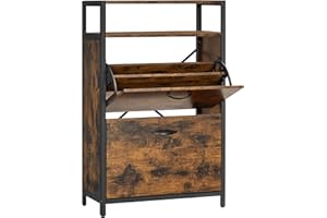 VASAGLE Meuble à Chaussures, Porte-Chaussures Fin, Meuble de Rangement à 2 Abattants, pour 8-12 Paires, Anti-poussière, 30 x 60 x 95 cm, pour Entrée, Marron Rustique et Noir LBS800B01