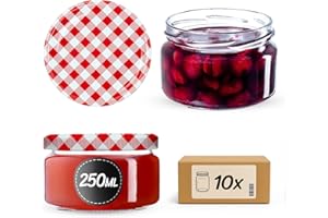 KADAX Piccoli vasetti per conserve da 250 ml, con coperchio, ermetici da regalare, mini barattoli per miele e spezie (10 pezzi, a quadretti rossi)
