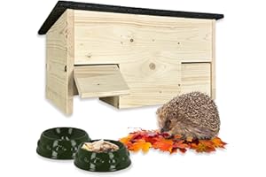 GARTENETAGE Igel-Futterhaus aus Holz mit Rattenklappen & 2er Schalen-Set – Wetterfeste Futterstation für Igel mit Schutz vor Katzen, Ratten & Regen – Naturnah & robust für den Garten