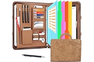 Leathario Portfolio Folder A4, Vegan Leather Conference Folder with Handle, 4-Ring Travel Document Holder with 5 5-Part File Dividers, Multi-Pocket Document Folder Organiser, Office Supplies