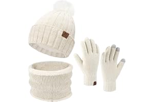 ZASFOU Womens Winter Beanie Hats Scarf Neck Warmer Touchscreen Gloves Set Warm Fleece Lined Chenille Knit Skull Caps
