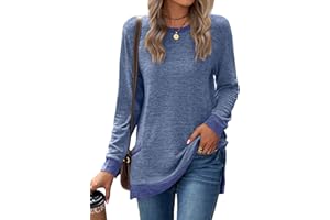 Famulily Color Block Jumper Sweatshirt for Women Crewneck Split Side Cotton Long Sleeve Baggy Tops Tee Shirts with Pockets