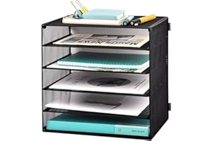EASEPRES 5 Tier Office Desk Paper Letter Organiser Tray, Mesh Office Tray for Desktop, Desktop Filing Document Trays Holders for Work, Wire File Storage Rack, Metal Desk A4 Paper Tidy Organiser, Black