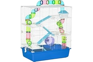 PawHut Gabbia per Criceti a 5 Livelli con Tubi, Casetta, Serbatoio dell'Acqua, Rampe, Ciotola, Piattaforme e Ruota, Gabbietta per Roditori con 2 Maniglie in Acciaio, PP e PS, 59x36x69 cm, Blu
