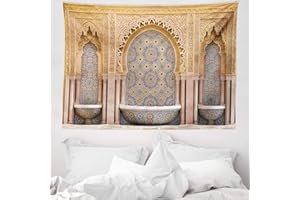 ABAKUHAUS marocain Tapisserie, Rabat Tour Hassan, Décoration murale en tissu pour la chambre à coucher le salon le dortoir, 150 cm X 110 cm, Abricot Brun Pâle