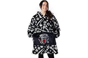 Stranger Things Adults Wearable Blanket Hoodie | Men & Women's Oversized Black Hooded Fleece Loungewear | Hellfire Club D&D All Over Print | Sleepwear Costume Netflix Series Merchandise Gift