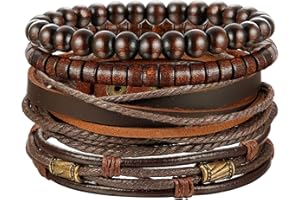 Finrezio Bracelet Cuir Tressé Bracelet Perle de Bois pour Homme Femme Vintage Cuir Véritable Noir Brun