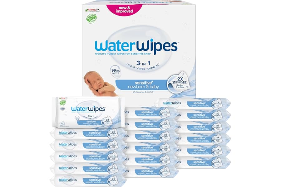 WaterWipes Sensitive+ Newborn & Baby Wipes, 720 Pieces (12 Packs), Cleanses, Cares, Protects, 99.9% Water, Fragrance Free
