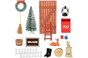 ZATEETY De Puerta Elfo Navidad, 18 Piezas Elfo Puerta Accesorios Navidad con Botas, Linterna, Buzón, Escoba, Guirnalda, Escalera de Madera Decoración de duende navideño