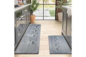 Alishomtll Kitchen Mats Non Slip Waterproof, Pieces PVC Anti-Fatigue Kitchen Rugs Set, Stain-Resistant Wipeable Kitchen Runner Easy Clean Standing Mats for Kitchen Floor 44x75+44x150cm Coffee-2