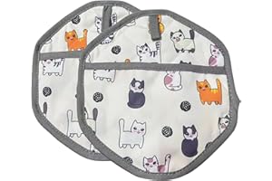 BAMINX 2 STÜCKE Topflappen mit Tasche Küche Baumwolle Hot Pads Kochtopfhalter mit süßem Kätzchenprint, Sechseckiger Untersetzer ofenhandschuhe Für Kochen Ofen Grill (Grau)