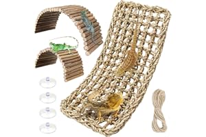 QUOZUO Accesorios para tanque de dragón barbudo, paquete de 3 hamacas de hábitat para reptiles, pasto marino natural y puente flexible de madera natural para escalada, cangrejo ermitaño, lagarto