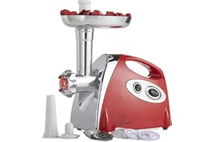MisterChef Hachoir à viande électrique 1600W, Hachoir et Poussoir à saucisses Inox, 3 plqs de coupe diff, Kit de fabr de sauc. et Kubbe inclus, Rouge