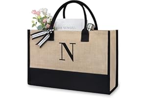 TOPDesign Initial Jute/Canvas Tote Bag, Personalized Present Bag, Suitable for Wedding, Birthday, Beach, Holiday, is a Great Gift for Women, Mom, Teachers, Friends, Bridesmaids