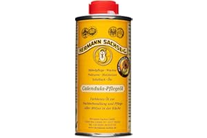 HERMANN SACHSE Huile de bois pour planches à découper en chêne hêtre et pin noyer mélèze 250ml d'huile d'entretien de calendula - Huile de bois incolore pour ustensiles de cuisine et surfaces en bois dans la cuisine