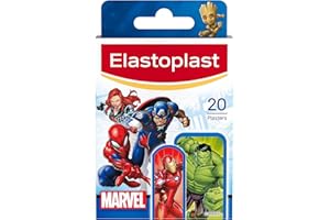 Elastoplast Marvel Plasters, Assorted Sizes (20 Pieces), Coloured First Aid for Children, Kid’s Everyday use with Marvel Superhero Designs, Easy Removal and Skin-Friendly