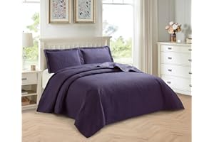 PRIME LINENS 3 Piece Quilted Bedspread Embossed Leaf Pattern Bedding Set Bed Throw with Pillow Cases Machine Washable (Aubergine, Super King)