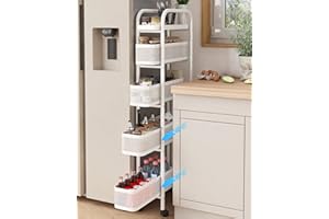 UMDONX Premium Metal Kitchen Storage Trolley with Pull out Basket Narrow 5 Tier, Vegetable Fruit Organiser Rack Utility Rolling Cart on Lockable Wheels, Pantry Shelf Slim Shelving Unit, White