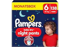 Pampers Night Pants, tamaño 6, 138 capas, 15 kg+, mantenimiento de 360° contra fugas con un corazón súper absorbente para una protección reforzada toda la noche, paquete de 1 mes