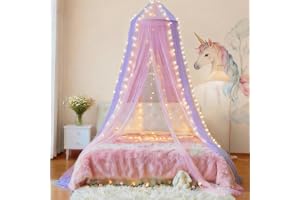 Eimilaly Tvåfärgad sänghimmel myggnät rosa lila med 250 st varm belysning, sänghimmel för flickrumsdekor, enkeldörr
