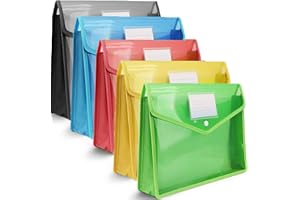 FULFUN A4 Plastic Wallets, 5 Pcs Popper Wallet Plastic Document Folder Premium Pockets Files Envelope for School Office Home, with Snap Closure,Large Capacity