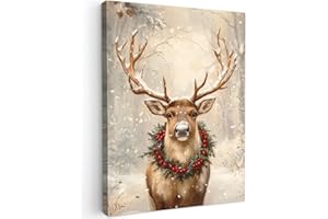 MuchoWow© Impression sur Toile Decoration Murale Peinture 50x70 cm Tableaux Decoratifs Muraux Déco Chambre Cadeau Noel Tableau Salon Noël - Renne - Hiver - Beige
