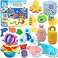 Chennyfun Duck Baby Bath Toy Set, 23PCS Baby Tub Toys, Floating Sea Animals Bathtub Water Squirt Toys with Baby Bath Books, Wind Up Bath Toys, Education Teaching and Learning Toys for Toddlers & Kids