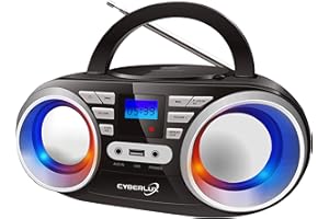 CYBERLUX Przenośny odtwarzacz CD | Światła disco LED | Boombox | CD/CD-R | USB | Radio FM | Wejście AUX | Gniazdo słuchawkowe | 20 gniazd pamięci | Radio dla dzieci | Radio CD | Kompaktowy system (czarny/Sunny