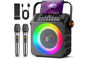 HWWR Karaoke Machine with Two Wireless Microphones, Karaoke Machine for Adults, 5" Subwoofer, LED Lights, PA System with Karaoke Microphone Support REC/USB/AUX for Home Party