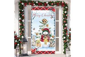 JOBKOO Christmas Decorations Door Cover, Snowman Merry Christmas Door Banner, Large Fabric Xmas Party Decorations Hanging Front Door Sign for Outdoor Indoor New Year Party Winter Holiday Home Party Supplies