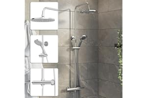 Architeckt® Thermostatic Shower Mixer Set with Rainfall Head Valve Adjustable Riser Rail Handset and Hose Showers Thermostat Round, Polished Chrome