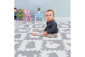 Yostrong® EVA Gomma Tappeto Gioco Bambini Per Puzzle | Tappetino Neonato Gattonamento, 18 Pezzi Con Puzzle di Animali. Bianco, Grigio chiaro. YOP-51(AL0) b18N