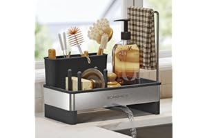 SONGMICS Kitchen Sink Caddy Tidy, Sink Organiser with Sponge Holder, Washing up Caddy for Brushes, Cloths, Soap, Stainless Steel, Space-Saving, Rotatable Spout, Ink Black and Silver KCS555BH01