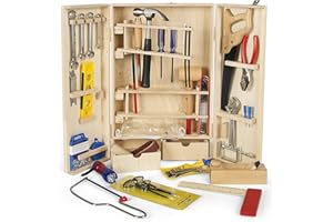 Leomark Coffret à Outils Boîte à Outils Deluxe Outils de charpentie 50 pièces Jeu D'imitation Caisse à Outils en Bois Ensemble de Jeu de Construction pour Les Enfants de Plus de 8 Ans