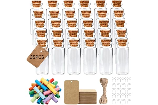 KATIMI 35 st. 10 ml små glasflaskor med kork, kraftpapper, jutesnöre | 10 ml provrör med kork små flaskor för fyllning, för gör-det-själv, bröllopsdekoration, gåvor, förvaring av örter och oljor