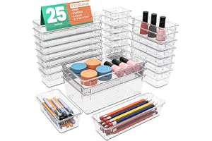 KICHLY genomskinliga lådor organiseringsbrickor 25-pack förvaringsfack set | Förvaringsfack i olika storlekar | Badrum, toalettbord, kök och kontor