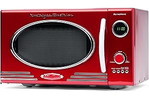 Nostalgia Retro Mikrowellenofen für die Arbeitsplatte – Großes 800-Watt-Modell – 25 Liter – 12 vorprogrammierte Kochprogramme – Digitaluhr – Küchenapparate – Metallisch Rot