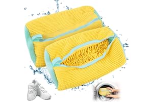 WORAHROE Shoe Wash Bag, Washing Machine, Pack of 2, Shoe Bag, Shoe Wash Bag for Washing Machine, Anti-Deformation with Zip, Shoes, Laundry Bag, Mesh Shoes, Laundry Bag for Trainers (Yellow)