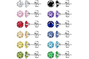 MICVIVIEN Juego de 12 pares de pendientes de circonita multicolor, pendientes de acero inoxidable para mujer, niñas y niños, Acero inoxidable, Circonia cúbica